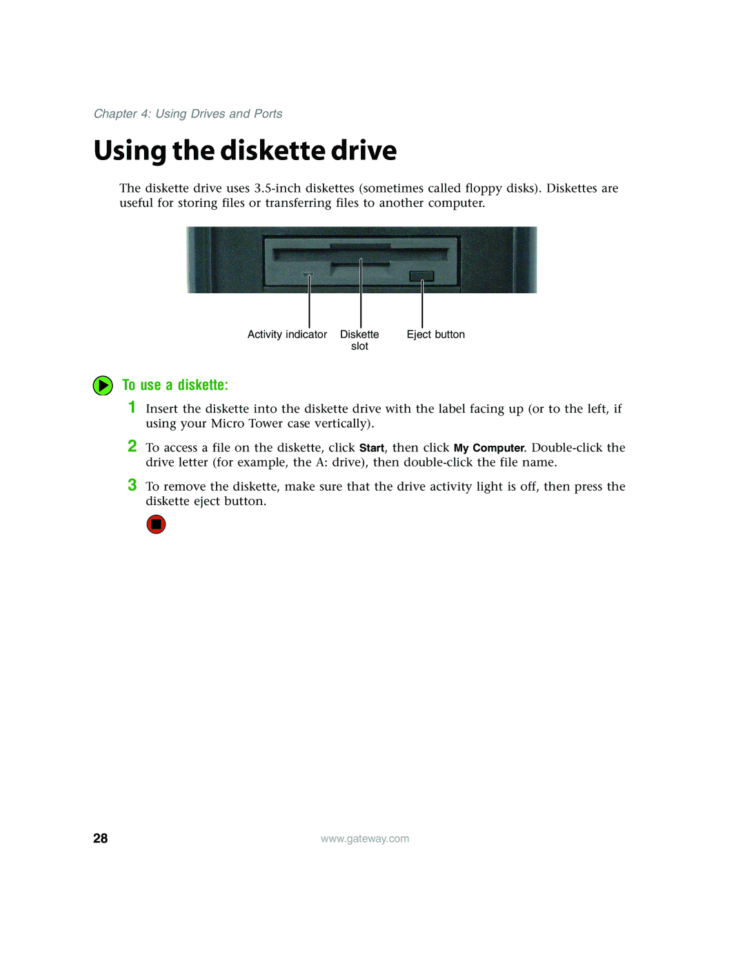 Gateway E4350 manual Using the diskette drive, To use a diskette 