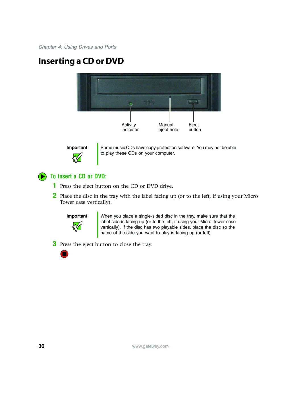 Gateway E4350 manual Inserting a CD or DVD, To insert a CD or DVD 