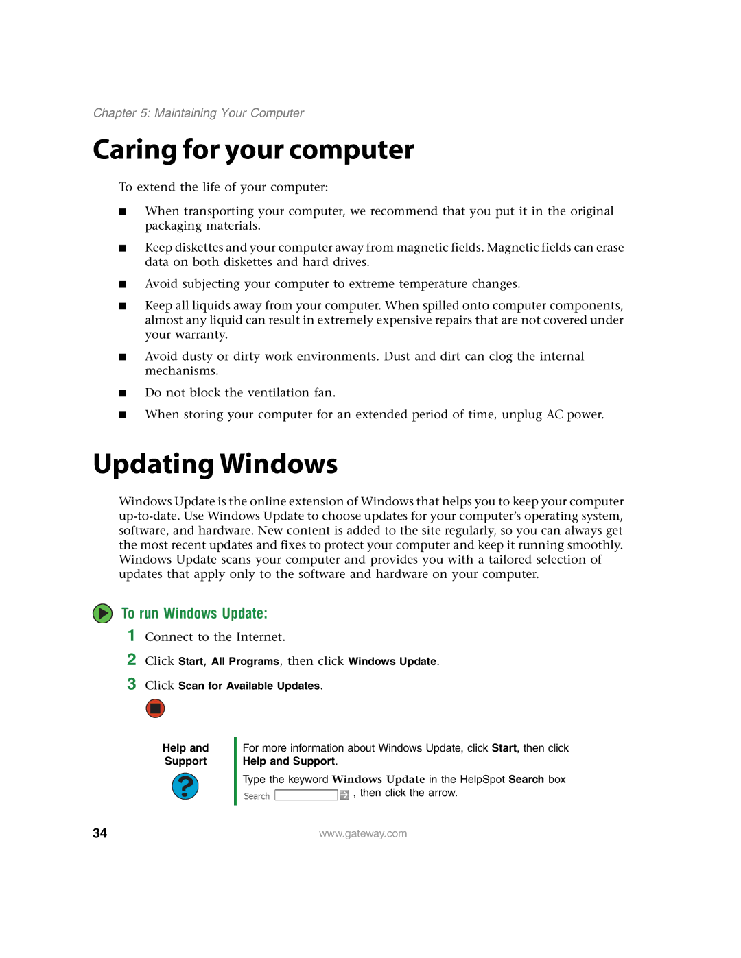 Gateway E4350 manual Caring for your computer, Updating Windows, To run Windows Update 