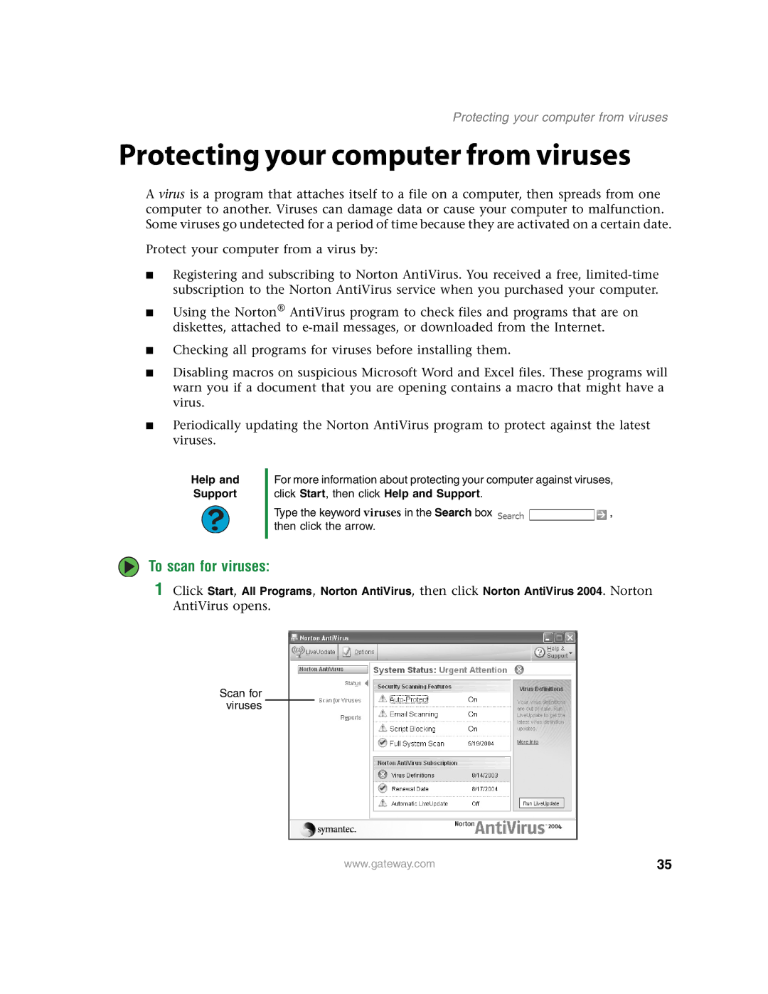 Gateway E4350 manual Protecting your computer from viruses, To scan for viruses 