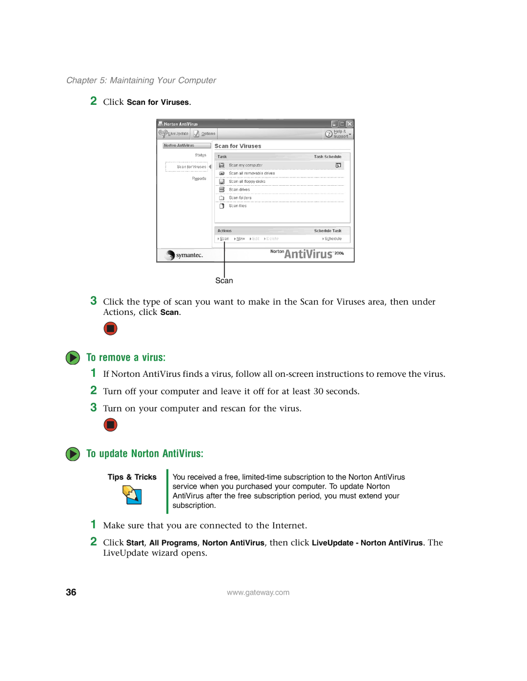 Gateway E4350 manual To remove a virus, To update Norton AntiVirus 