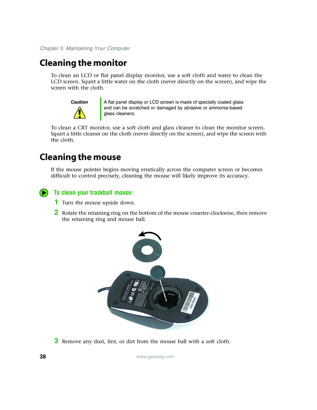 Gateway E4350 manual Cleaning the monitor, Cleaning the mouse, To clean your trackball mouse 