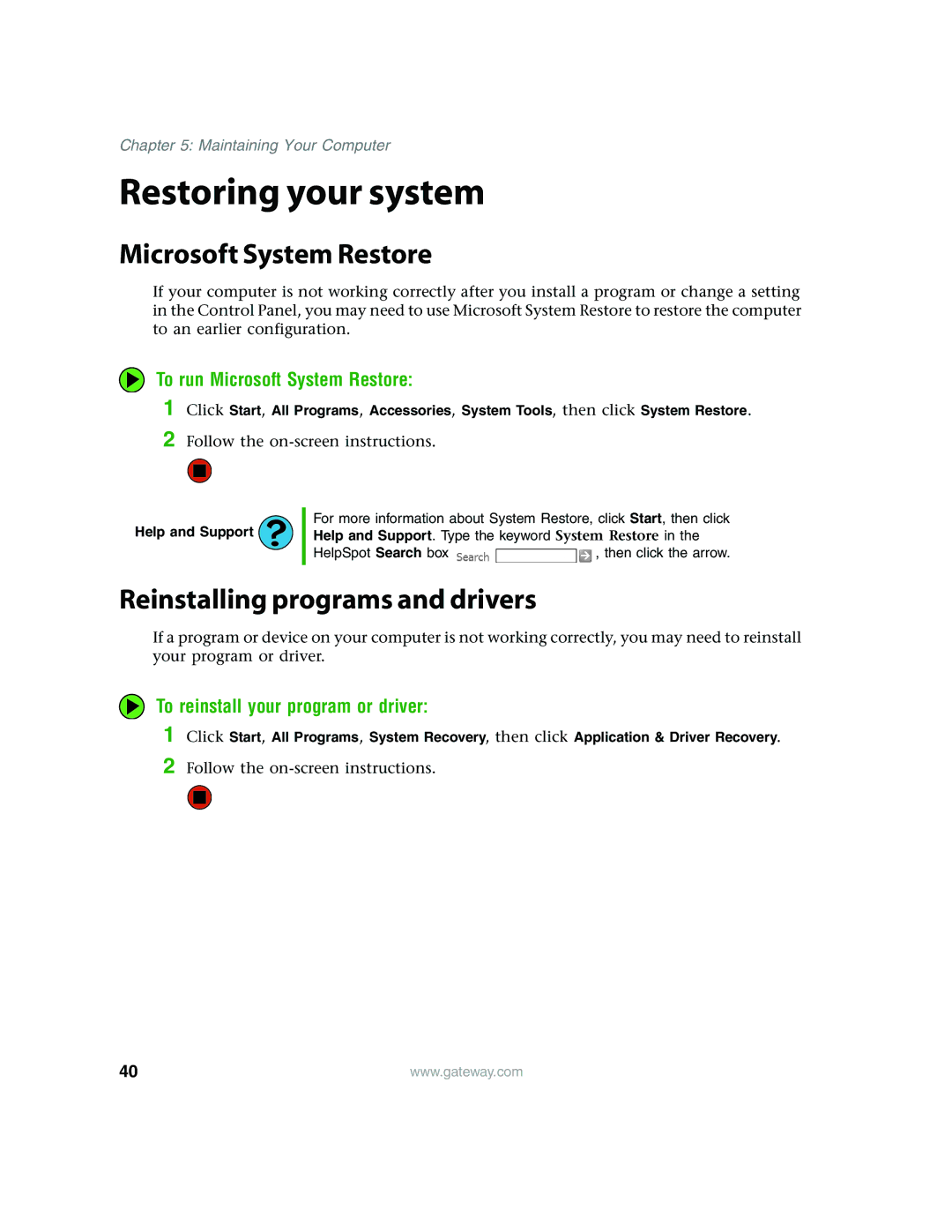 Gateway E4350 manual Restoring your system, Microsoft System Restore, Reinstalling programs and drivers 