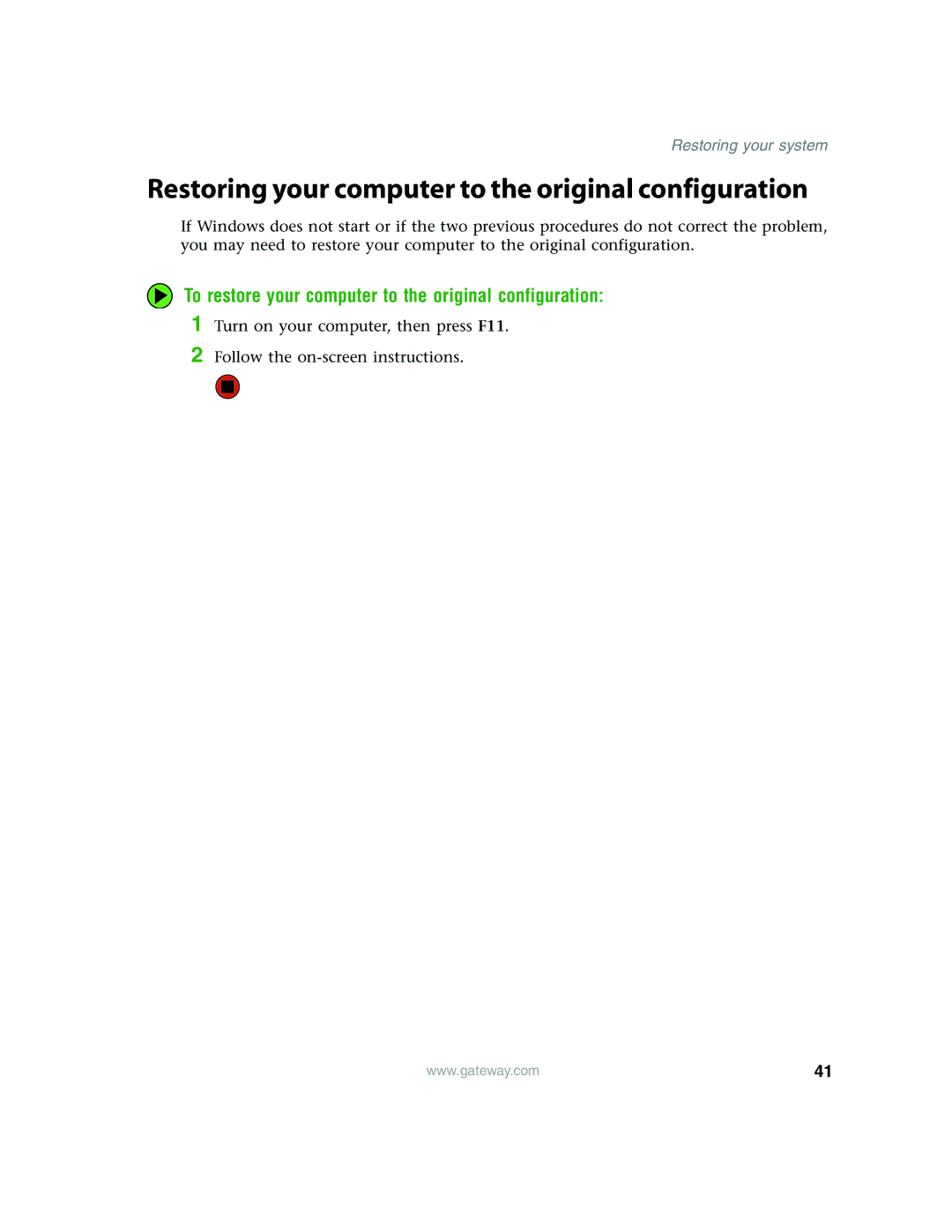 Gateway E4350 manual Restoring your computer to the original configuration 