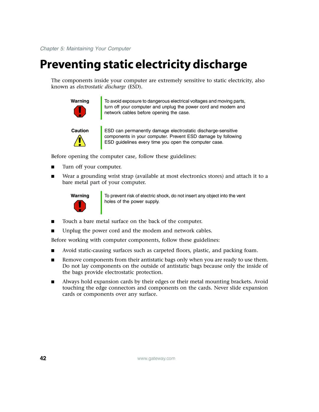 Gateway E4350 manual Preventing static electricity discharge 