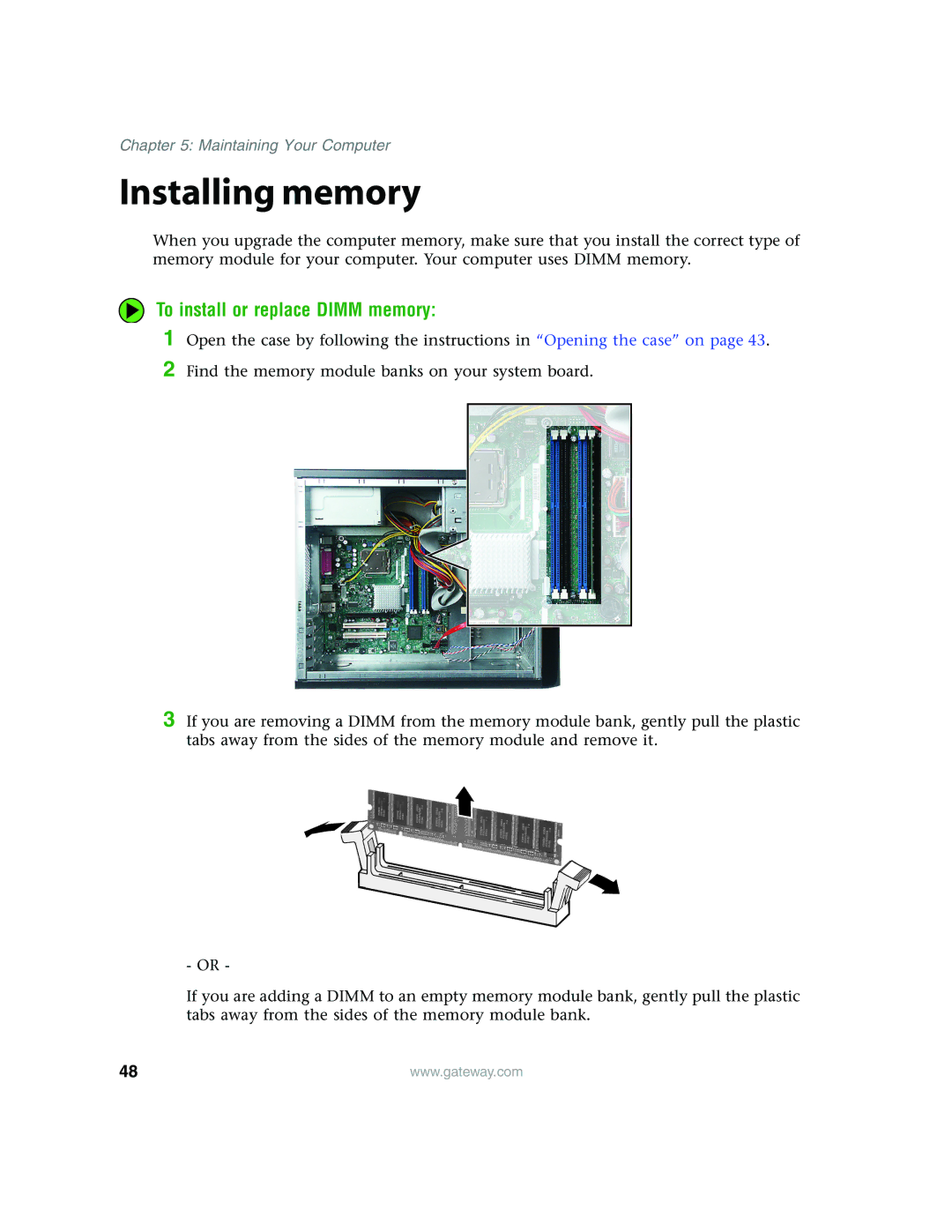 Gateway E4350 manual Installing memory, To install or replace Dimm memory 