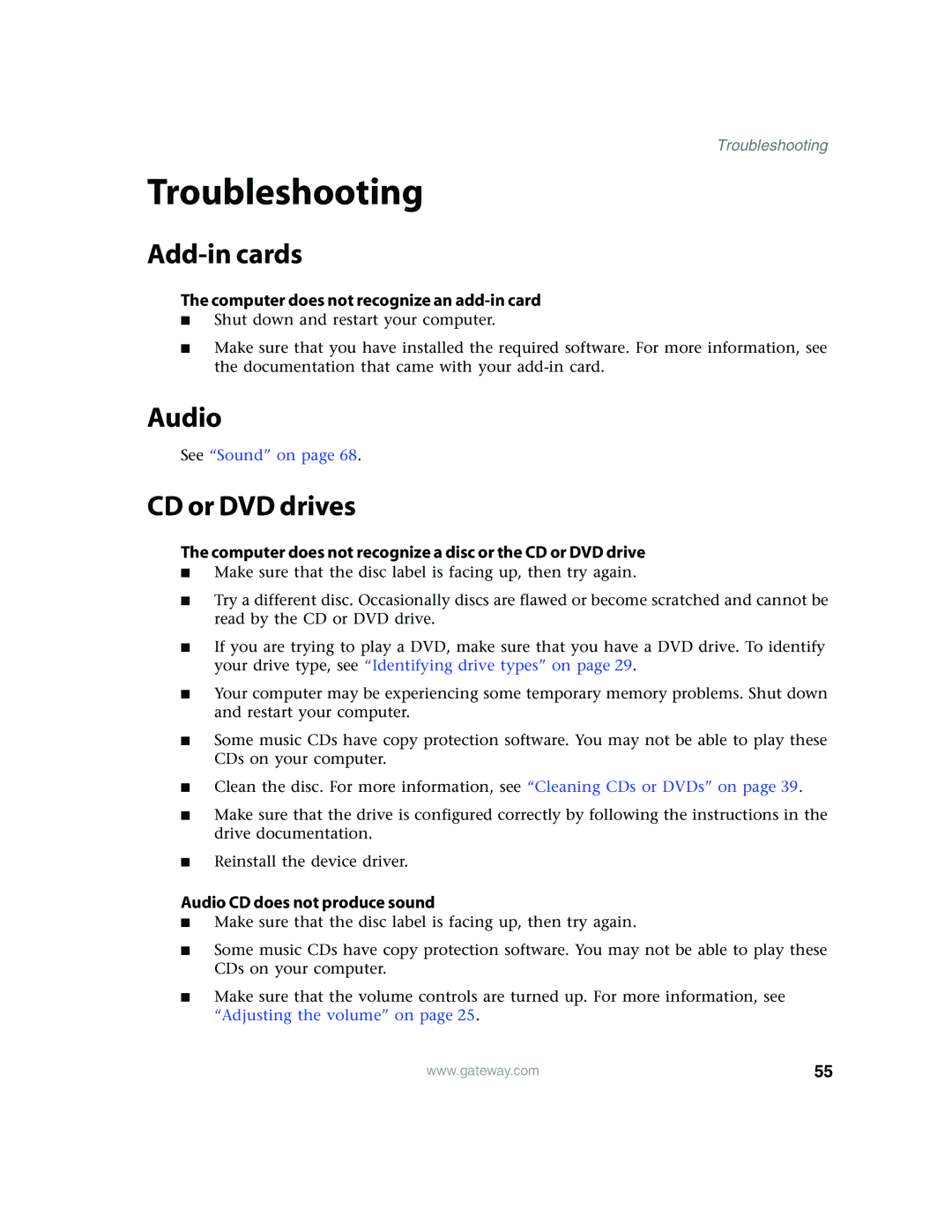 Gateway E4350 manual Troubleshooting, Add-in cards, Audio, CD or DVD drives 