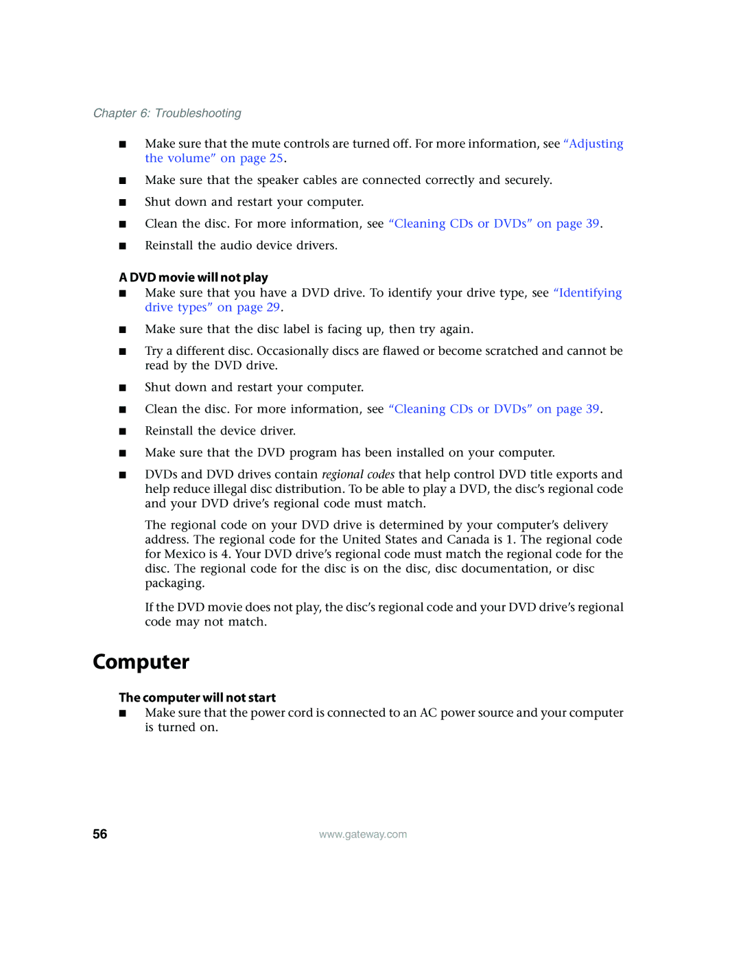 Gateway E4350 manual DVD movie will not play, Computer will not start 