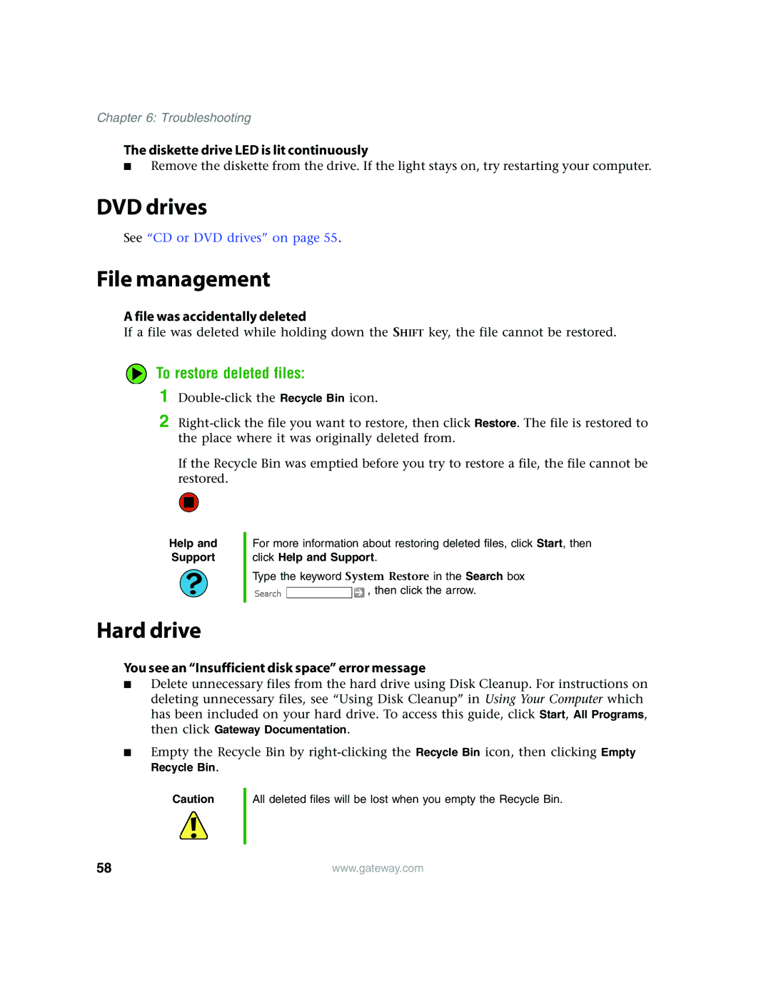 Gateway E4350 manual DVD drives, File management, Hard drive, To restore deleted files 