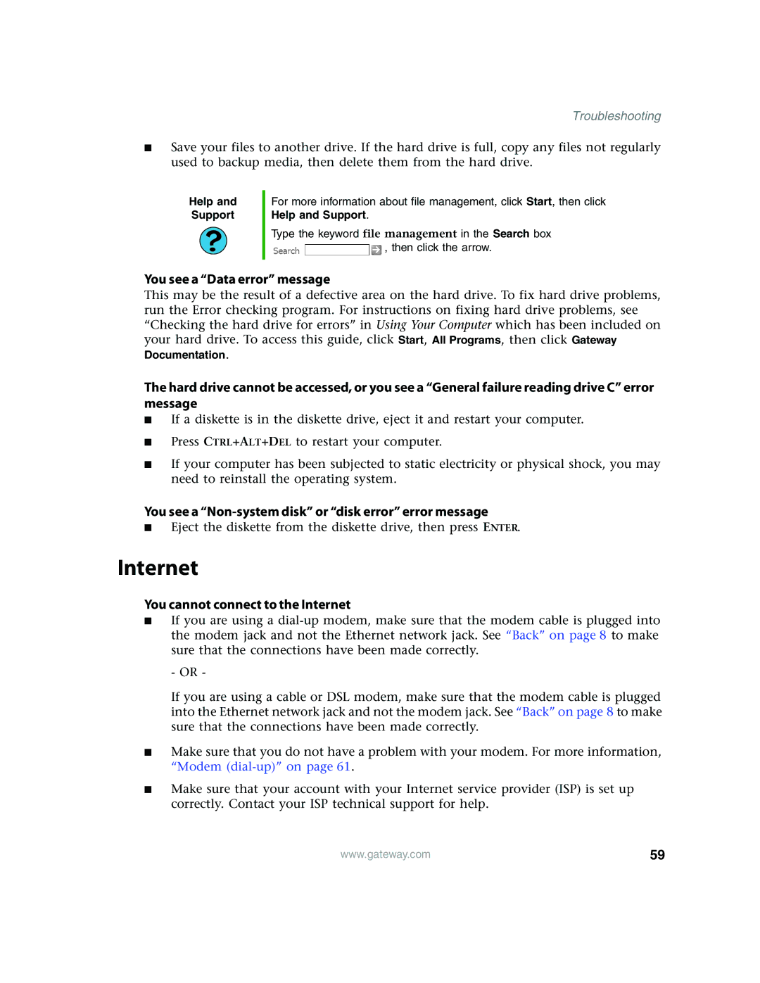 Gateway E4350 manual You see a Data error message, You cannot connect to the Internet 