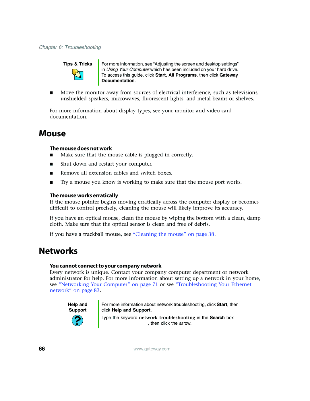 Gateway E4350 manual Networks, Mouse does not work, Mouse works erratically, You cannot connect to your company network 