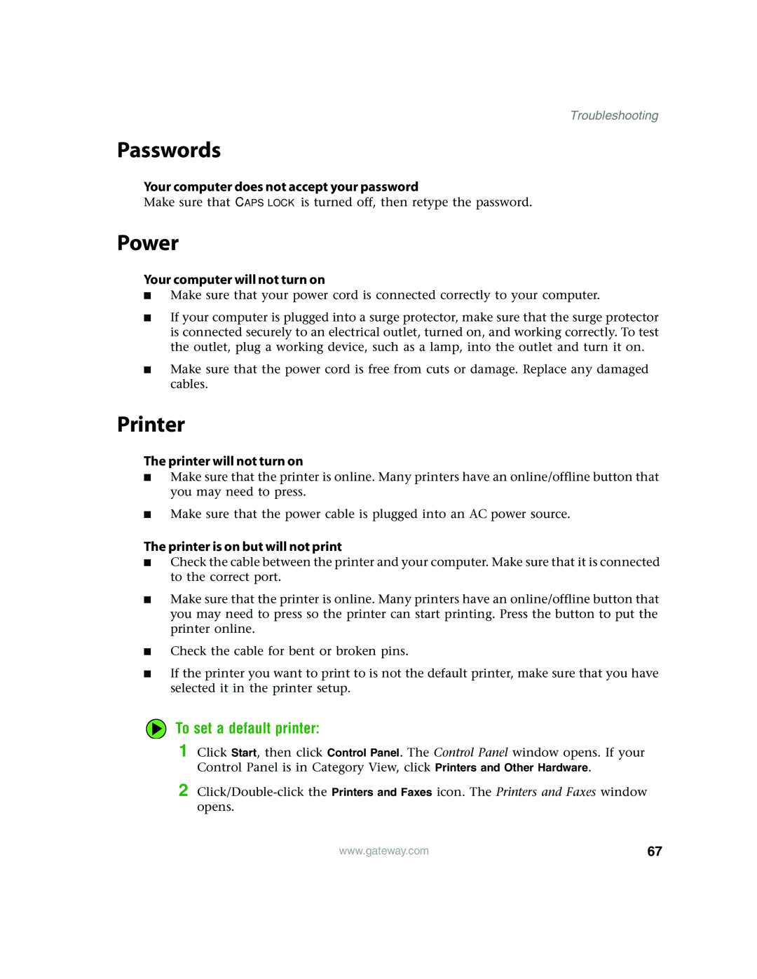 Gateway E4350 manual Passwords, Power, Printer, To set a default printer 