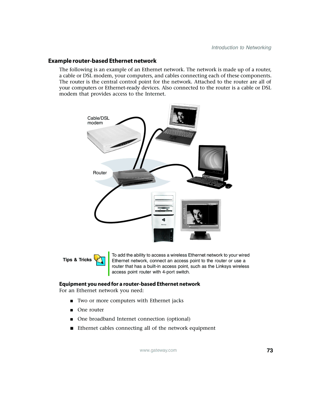 Gateway E4350 manual Example router-based Ethernet network, Equipment you need for a router-based Ethernet network 