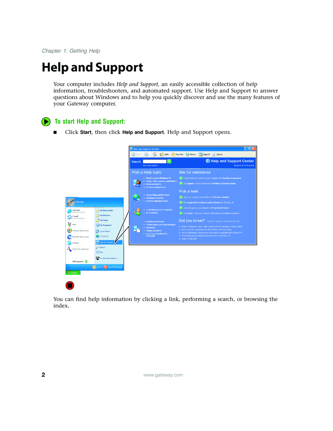 Gateway E4350 manual To start Help and Support 