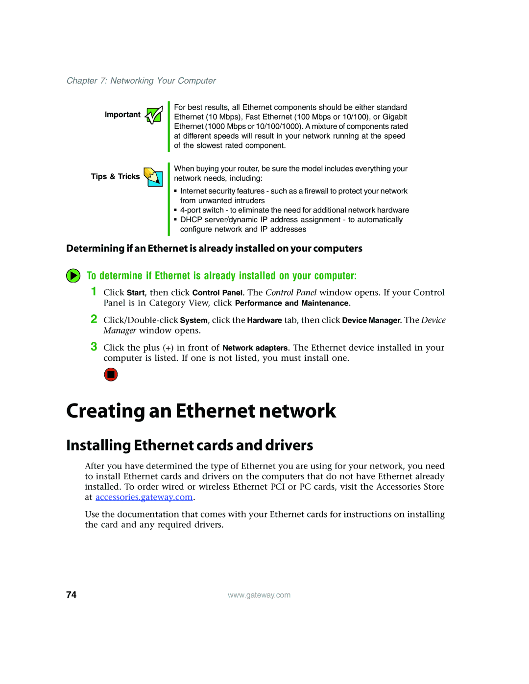 Gateway E4350 manual Creating an Ethernet network, Installing Ethernet cards and drivers 