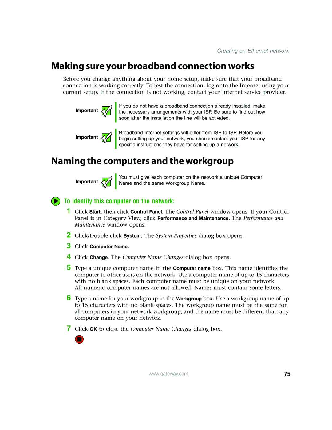 Gateway E4350 manual Making sure your broadband connection works, Naming the computers and the workgroup 