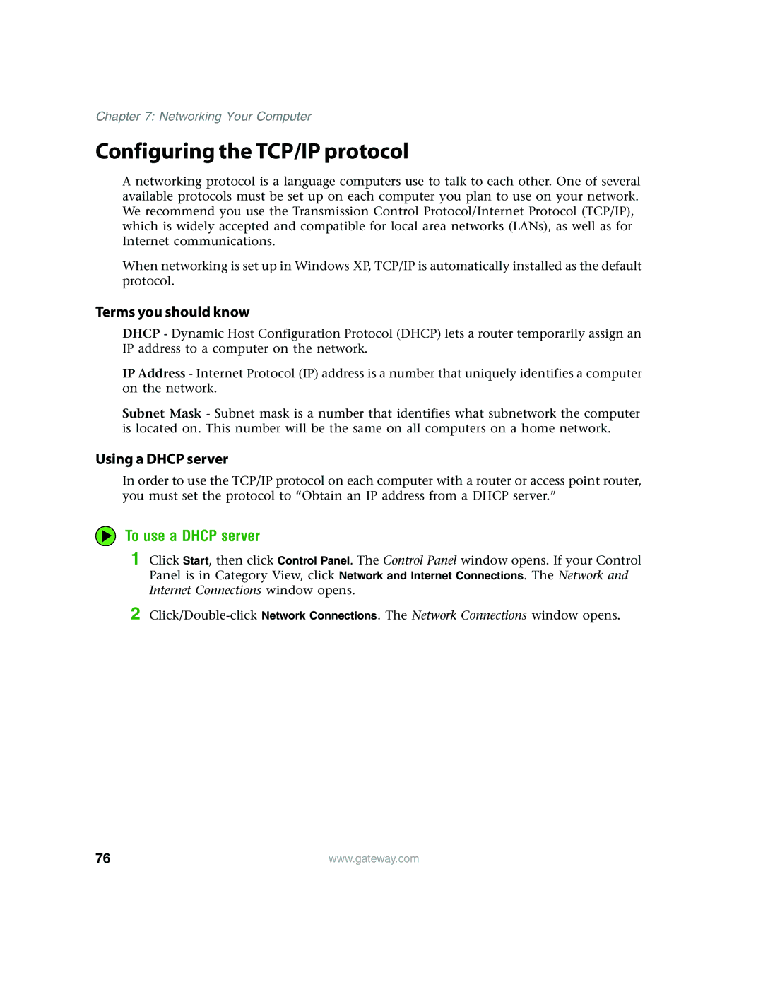 Gateway E4350 manual Configuring the TCP/IP protocol, To use a Dhcp server 