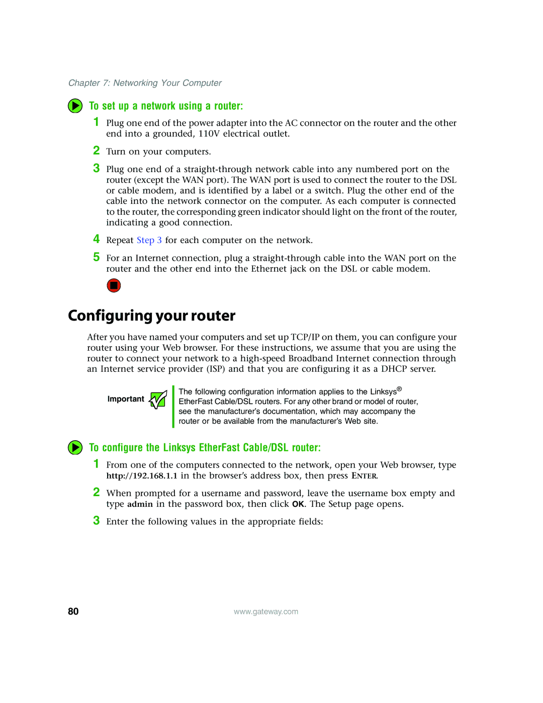 Gateway E4350 manual Configuring your router, To set up a network using a router 