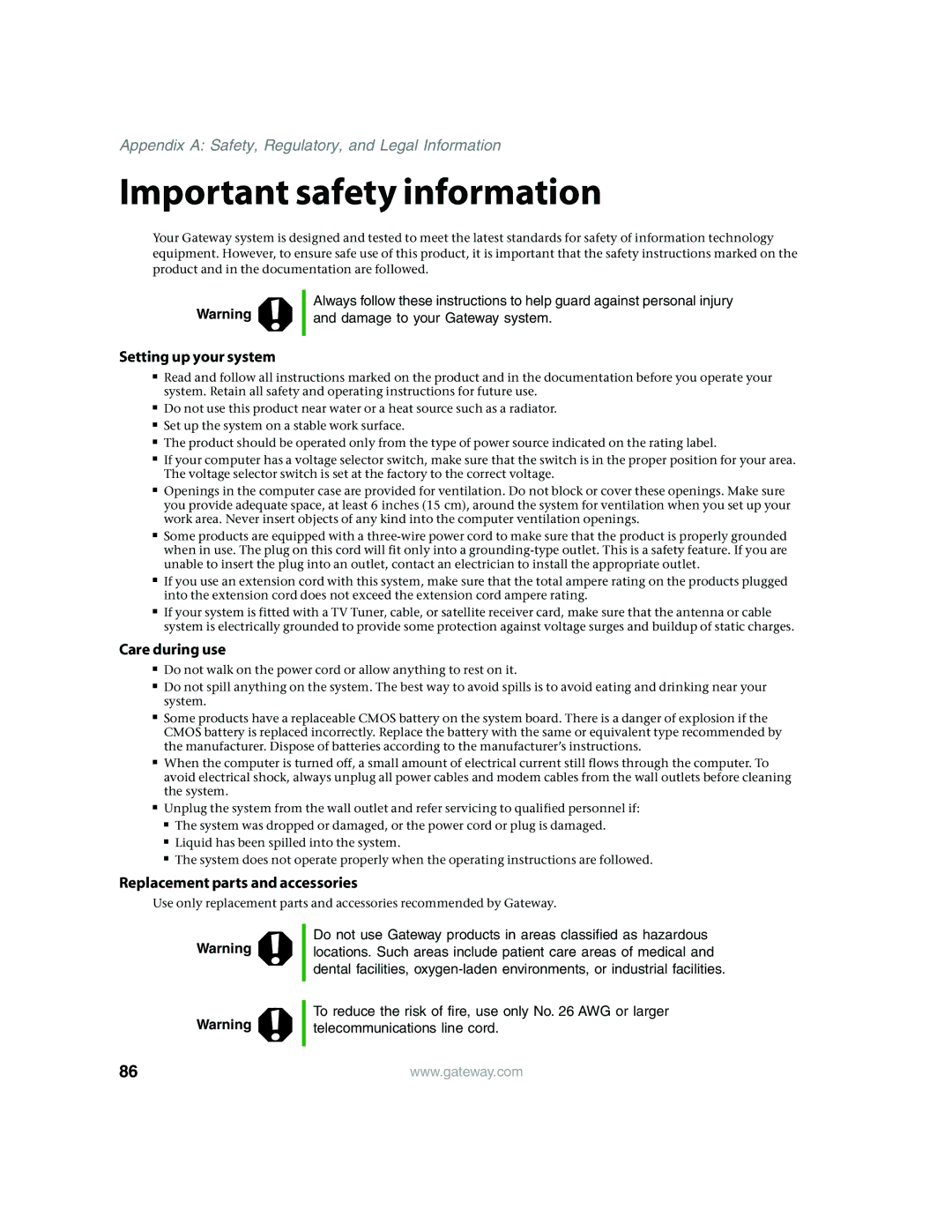 Gateway E4350 manual Important safety information, Setting up your system 