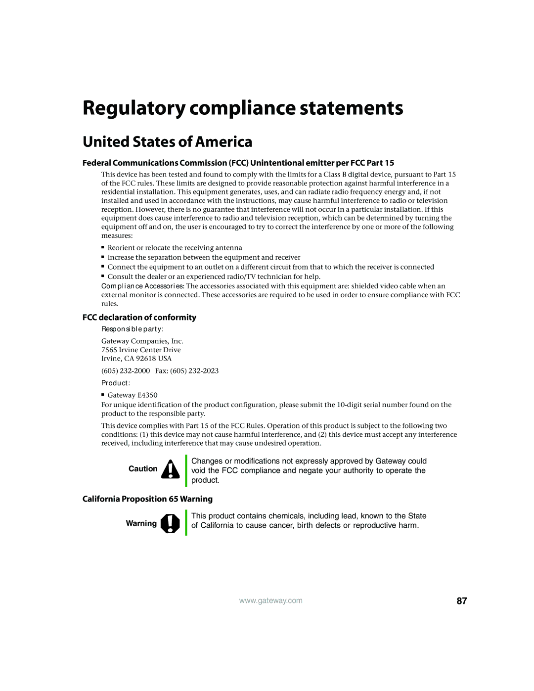 Gateway E4350 manual Regulatory compliance statements, United States of America 