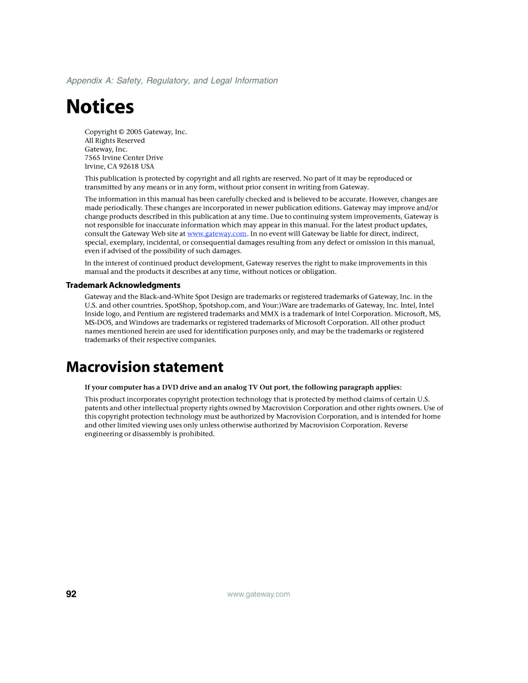 Gateway E4350 manual Macrovision statement, Trademark Acknowledgments 