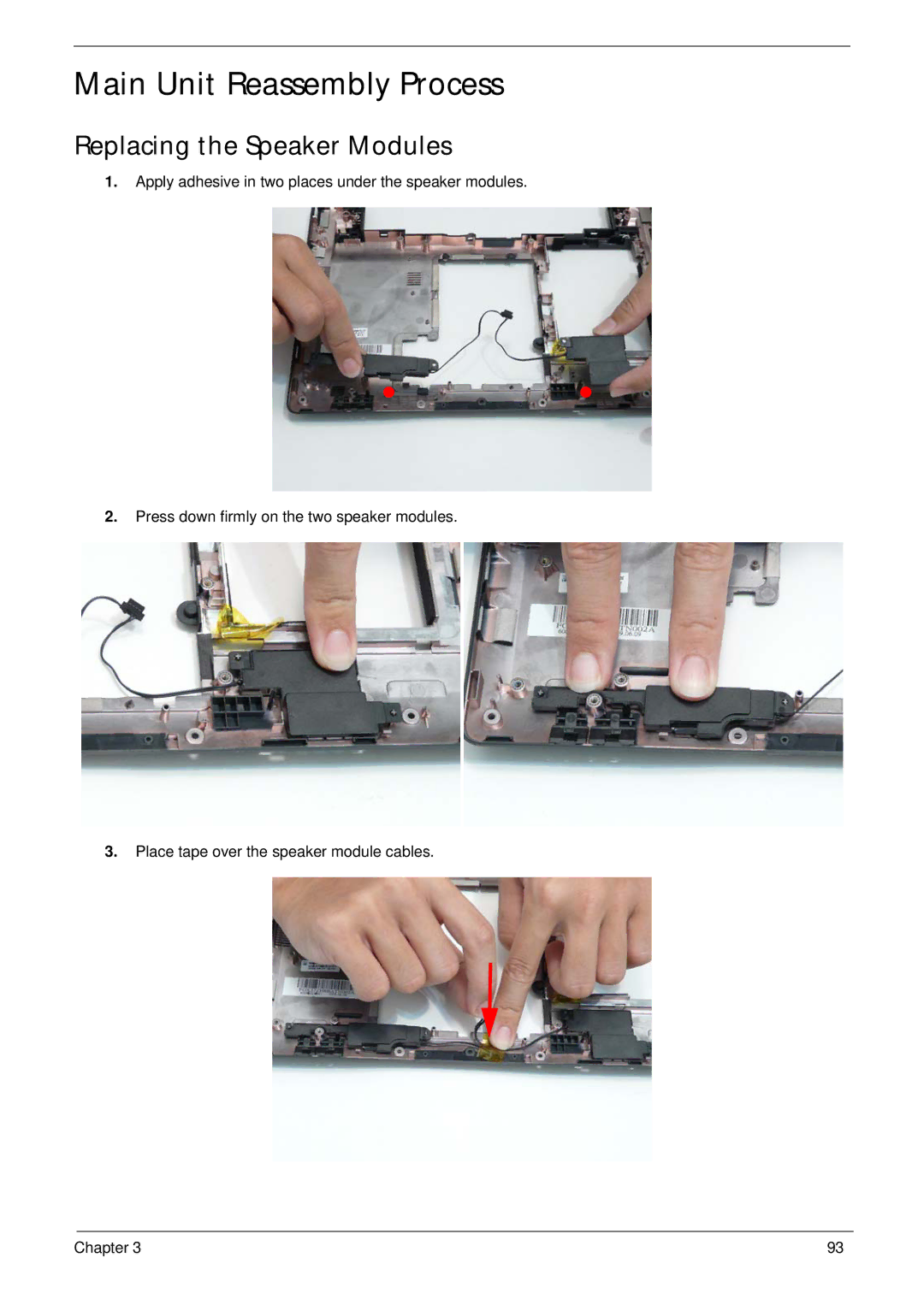 Gateway EC14 manual Main Unit Reassembly Process, Replacing the Speaker Modules 