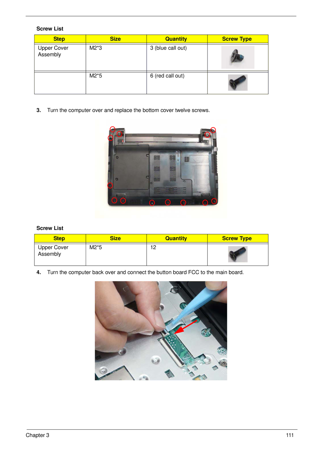 Gateway EC14 manual Screw List Step Size Quantity Screw Type 