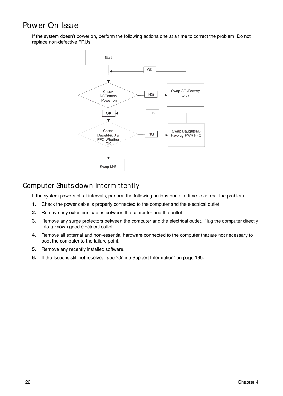 Gateway EC14 manual Power On Issue, Computer Shuts down Intermittently 