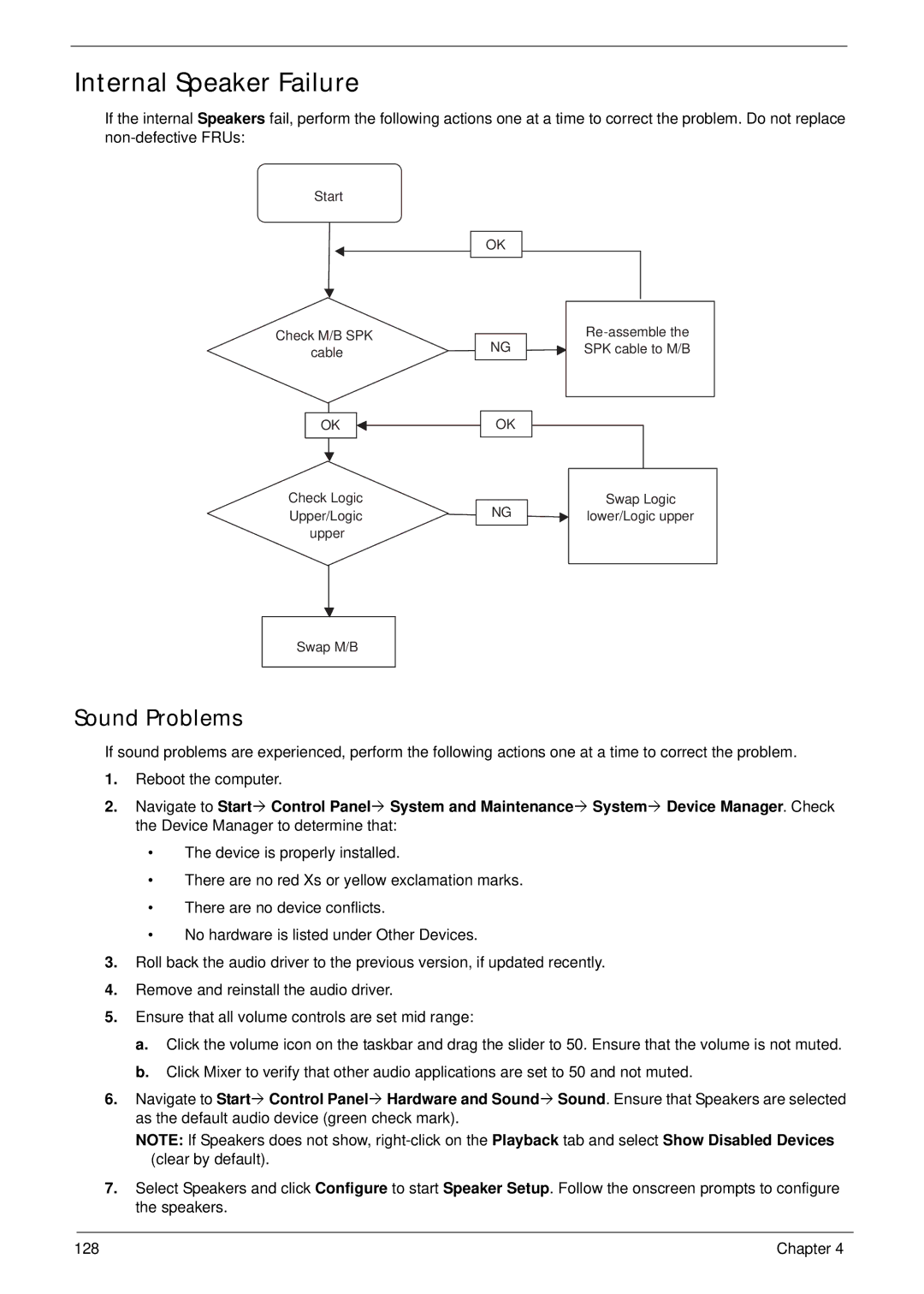 Gateway EC14 manual Internal Speaker Failure, Sound Problems 