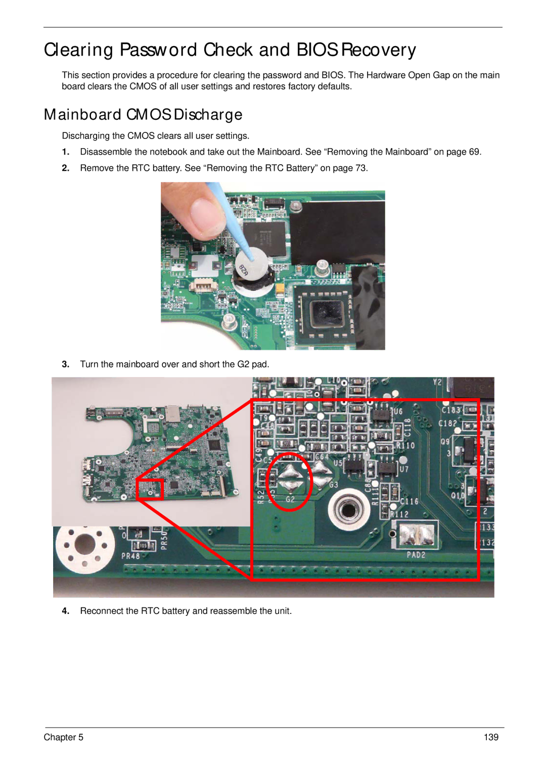 Gateway EC14 manual Clearing Password Check and Bios Recovery, Mainboard Cmos Discharge 