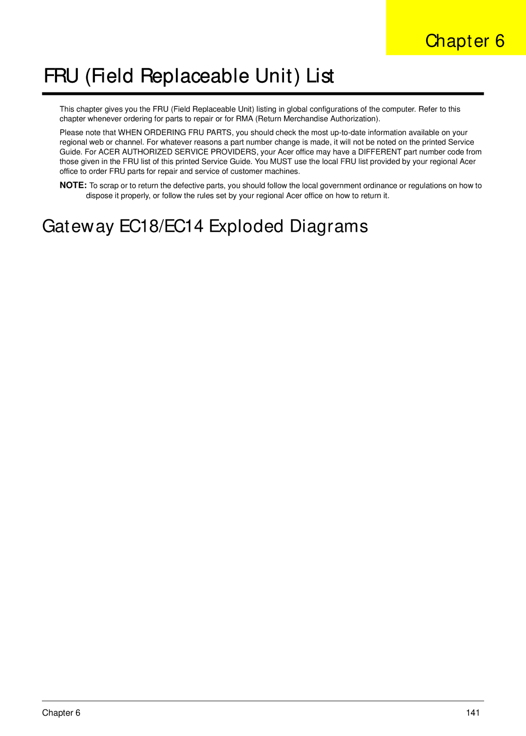 Gateway manual FRU Field Replaceable Unit List, Gateway EC18/EC14 Exploded Diagrams 