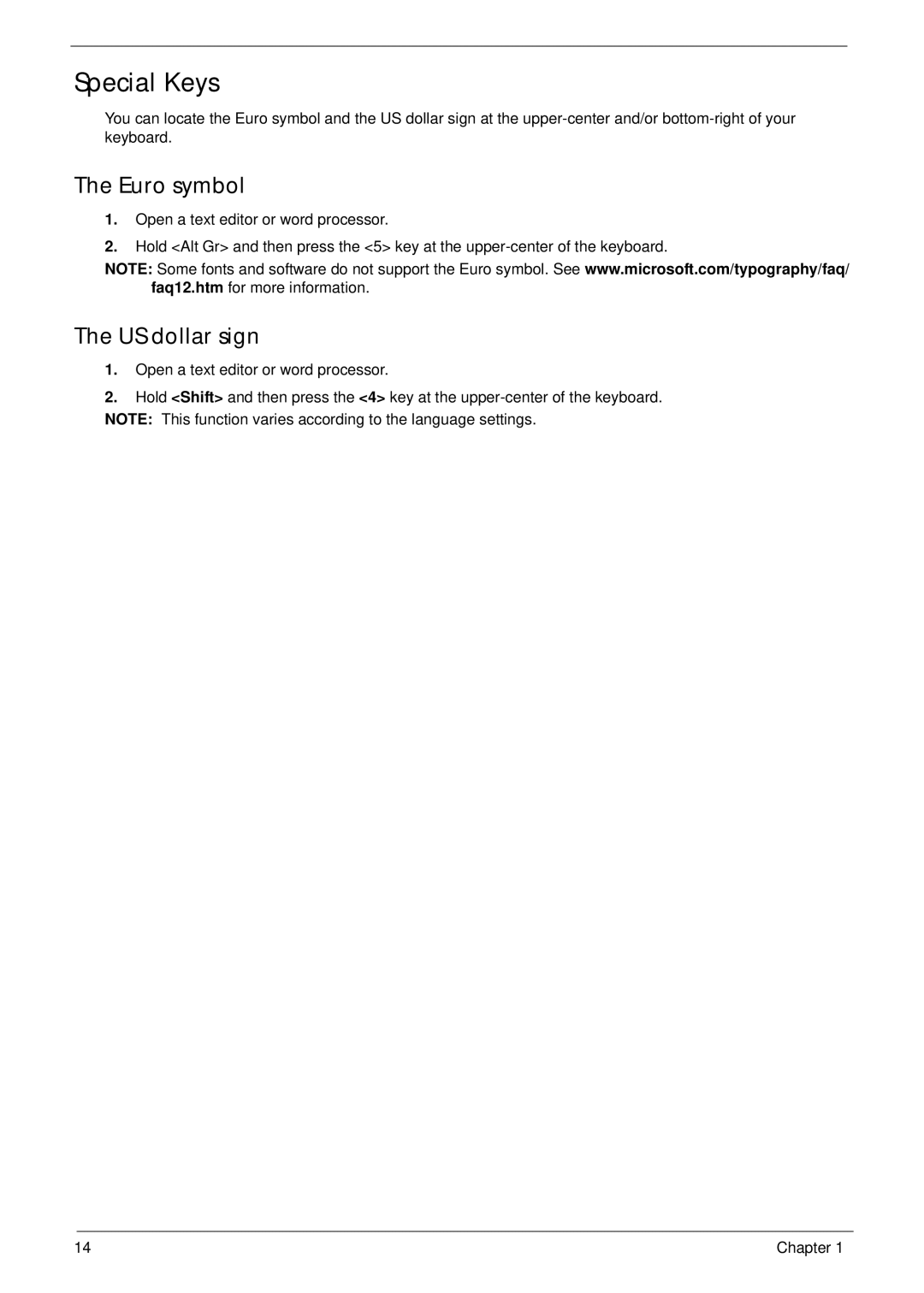 Gateway EC14 manual Special Keys, Euro symbol, US dollar sign 