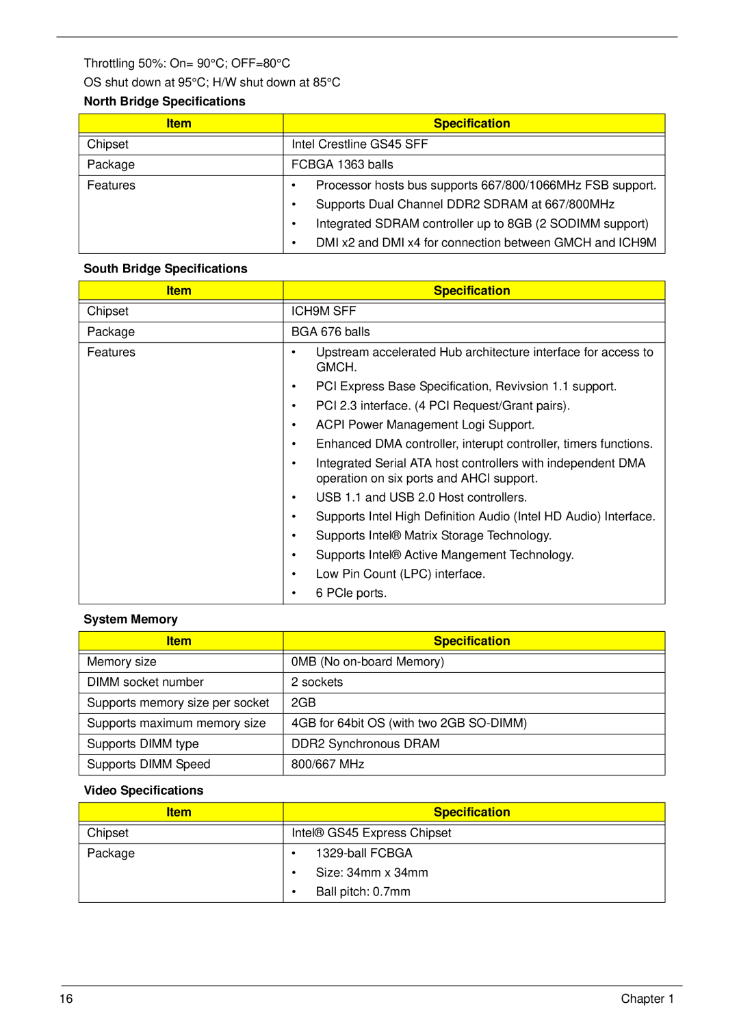 Gateway EC14 North Bridge Specifications, South Bridge Specifications, System Memory Specification, Video Specifications 