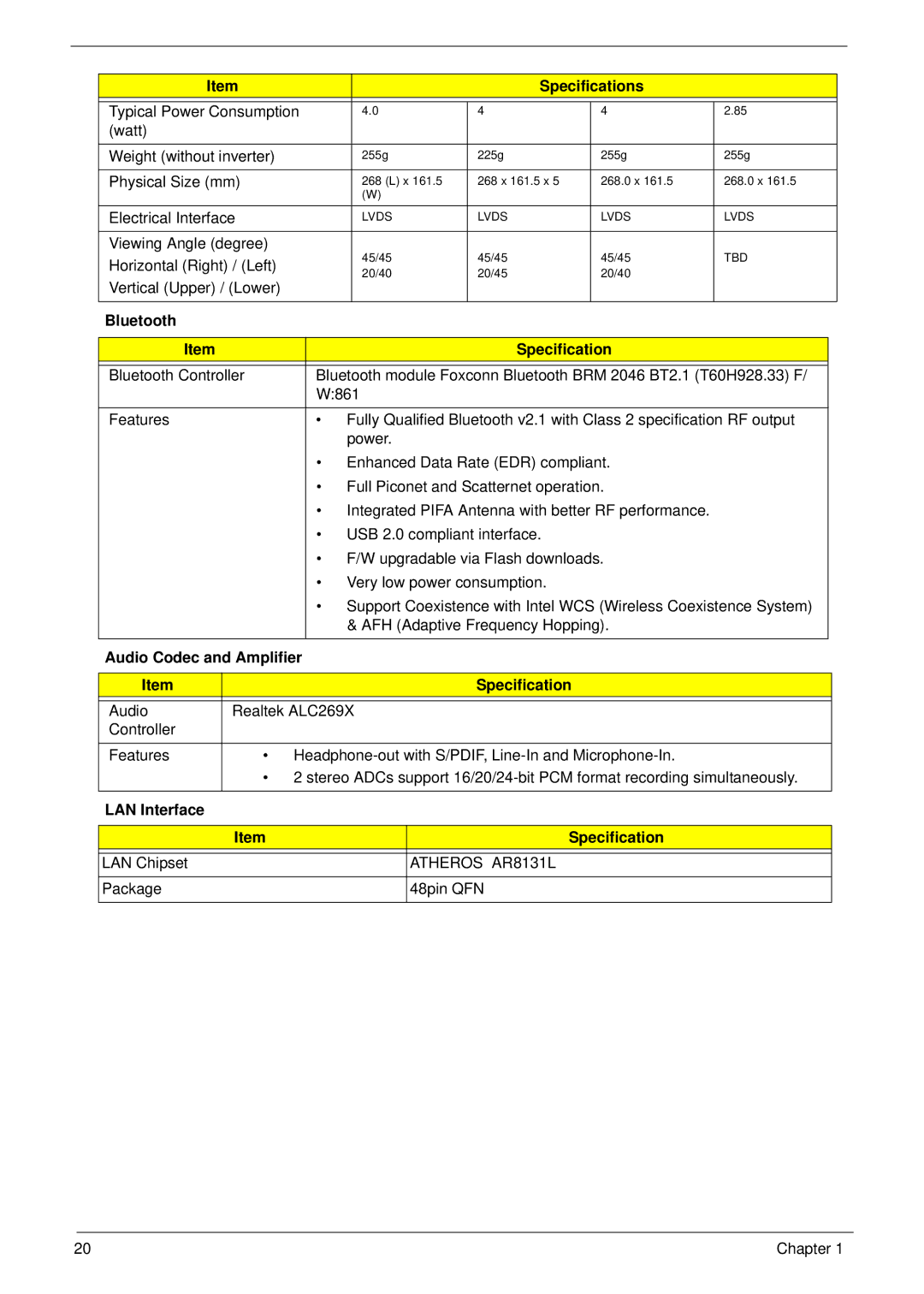 Gateway EC14 manual Bluetooth Specification, Audio Codec and Amplifier Specification, LAN Interface Specification 