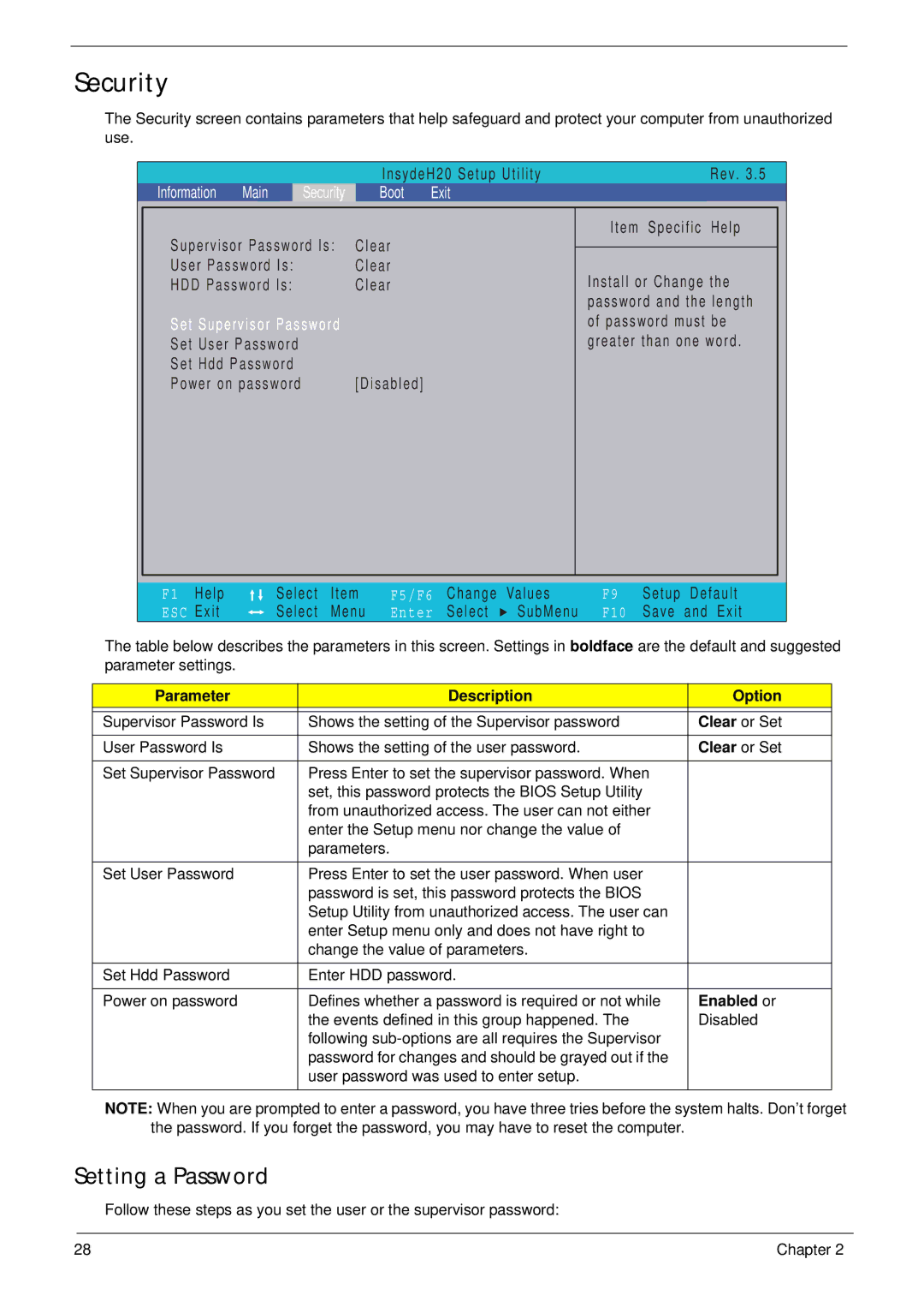 Gateway EC14 manual Security, Setting a Password, Parameter Description Option, Clear or Set, Enabled or 