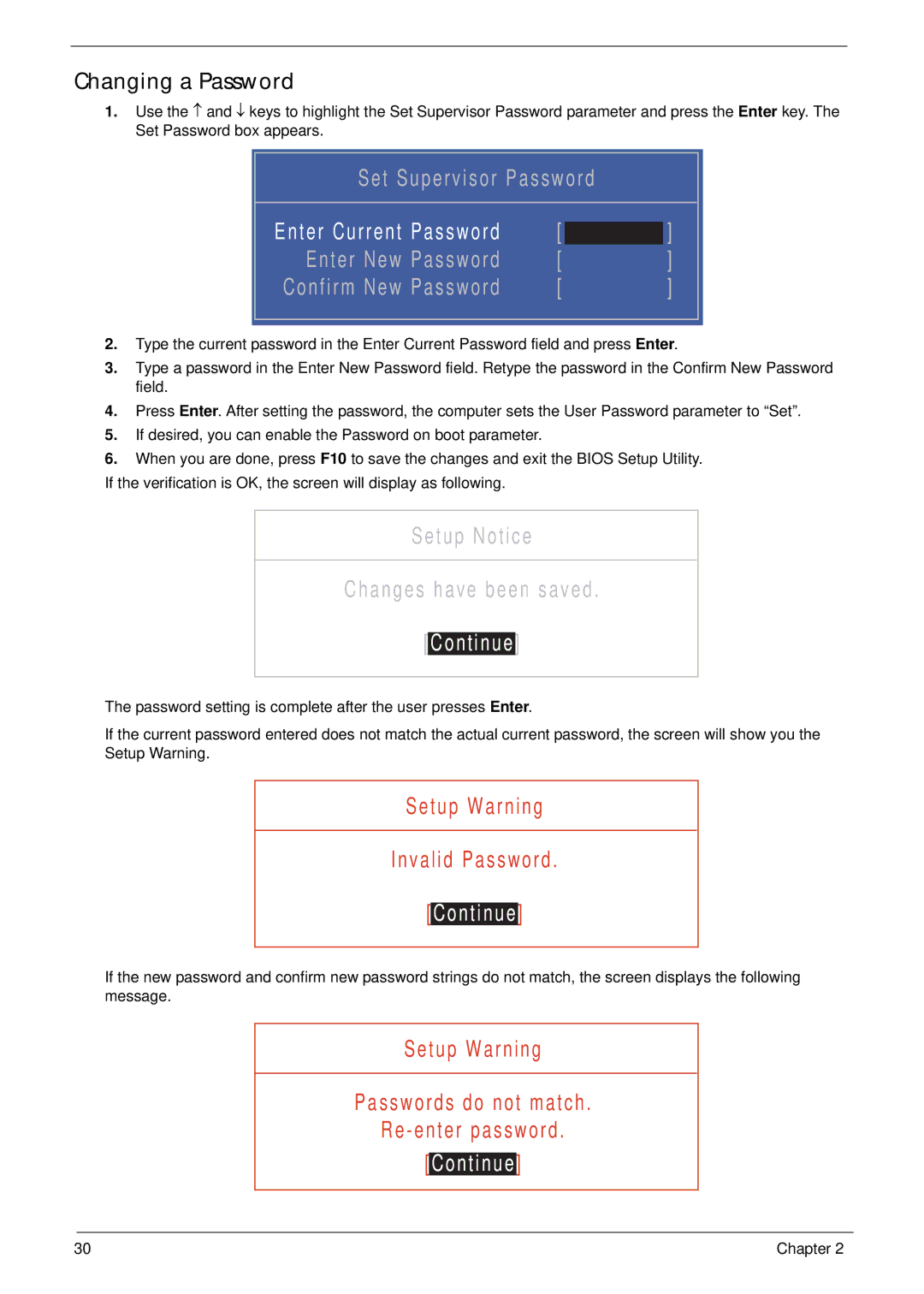 Gateway EC14 manual Continue, Changing a Password 