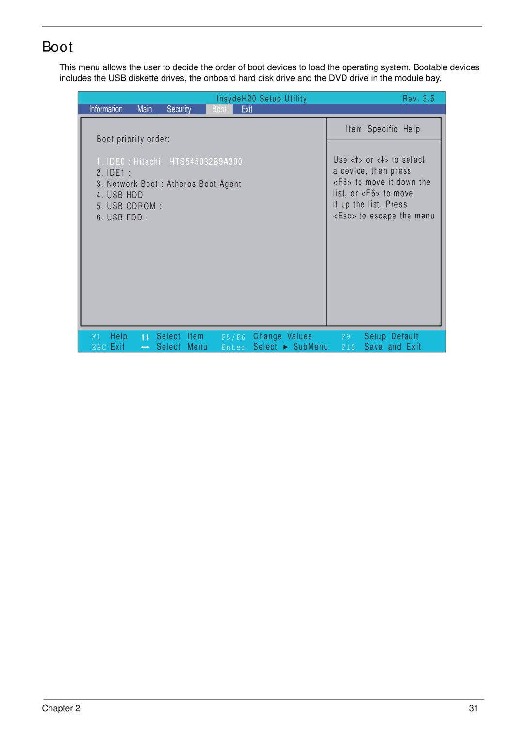 Gateway EC14 manual Boot, USB Cdrom 