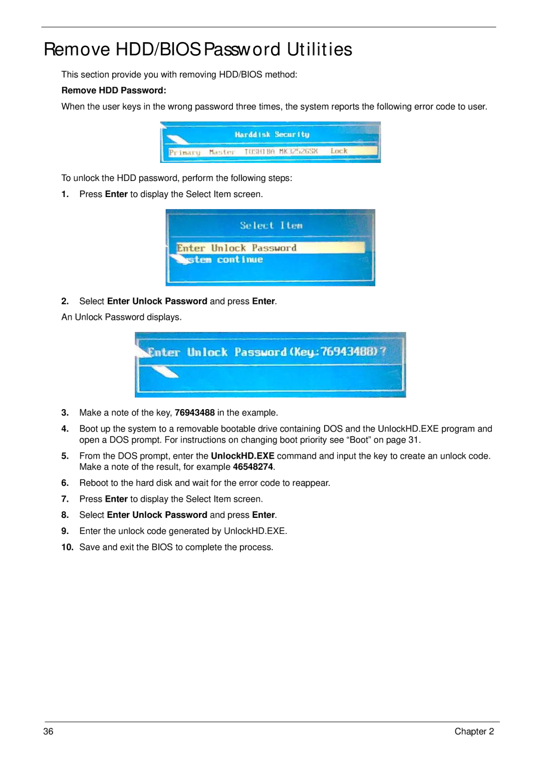 Gateway EC14 manual Remove HDD/BIOS Password Utilities, Remove HDD Password, Select Enter Unlock Password and press Enter 