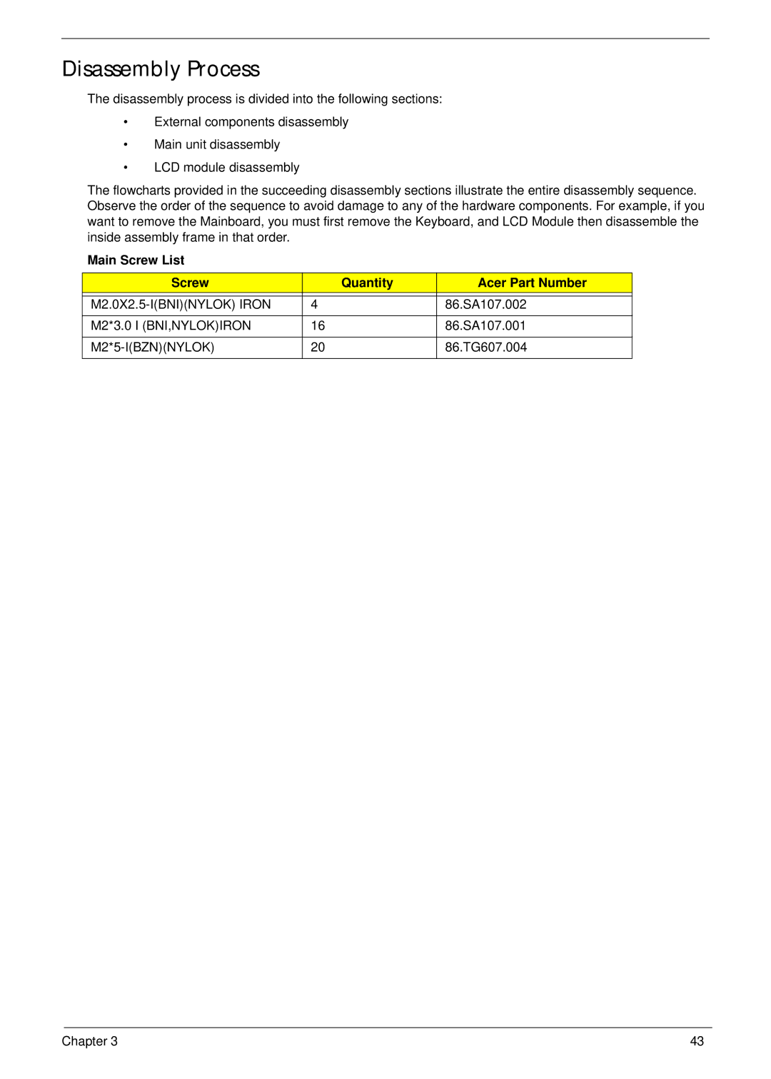 Gateway EC14 manual Disassembly Process, Main Screw List Quantity Acer Part Number, M2.0X2.5-IBNINYLOK Iron, M2*5-IBZNNYLOK 