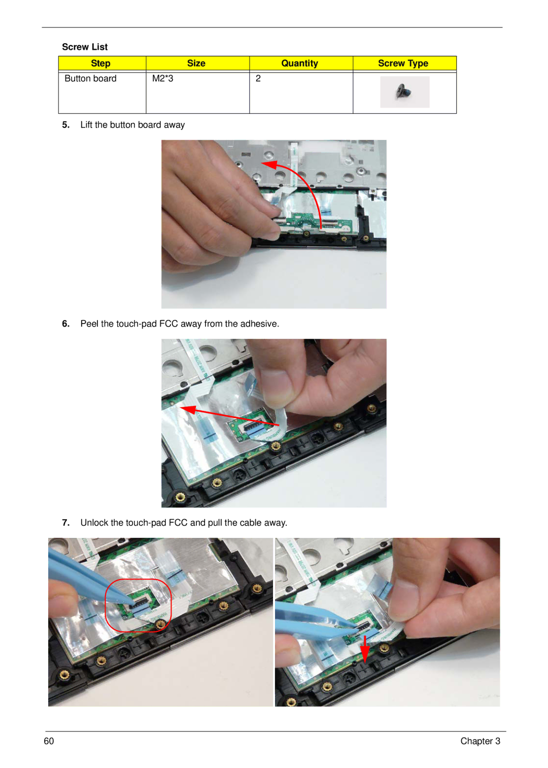 Gateway EC14 manual Screw List Step Size Quantity Screw Type Button board M2*3 