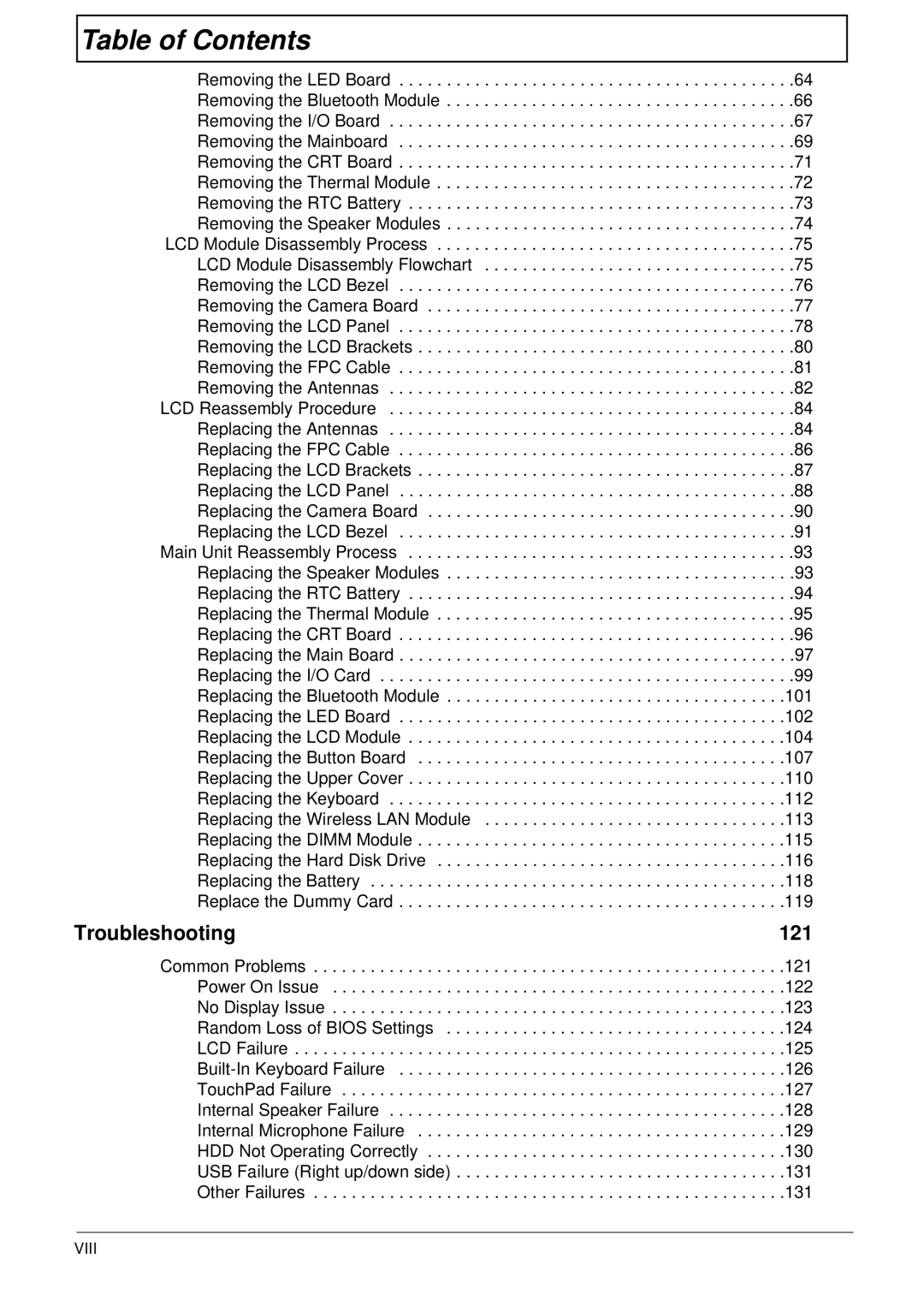 Gateway EC14 manual Troubleshooting 121, Viii 