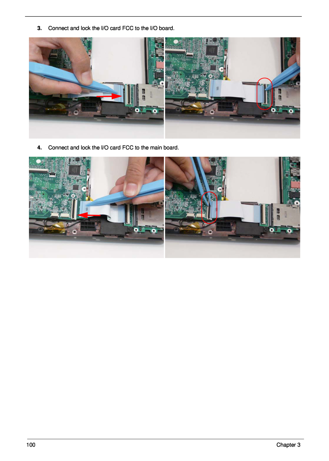 Gateway EC14 manual Connect and lock the I/O card FCC to the I/O board, Connect and lock the I/O card FCC to the main board 