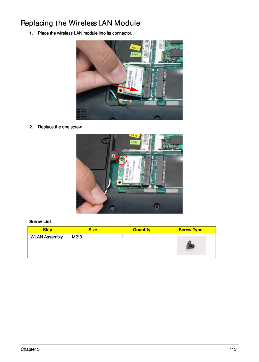 Gateway EC14 manual Replacing the Wireless LAN Module, Screw List, Step, Size, Quantity, Screw Type, WLAN Assembly, M2*3 