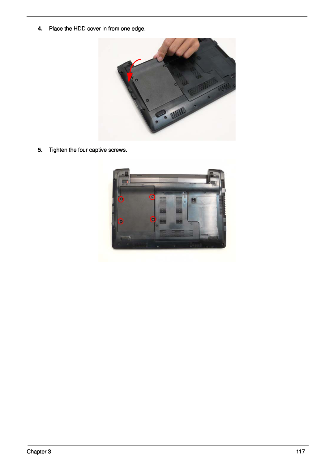 Gateway EC14 manual Place the HDD cover in from one edge, Tighten the four captive screws, Chapter 