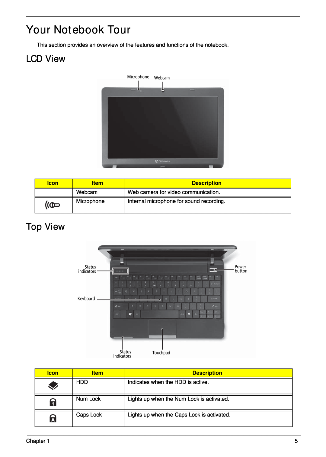 Gateway EC14 manual Your Notebook Tour, LCD View, Top View 