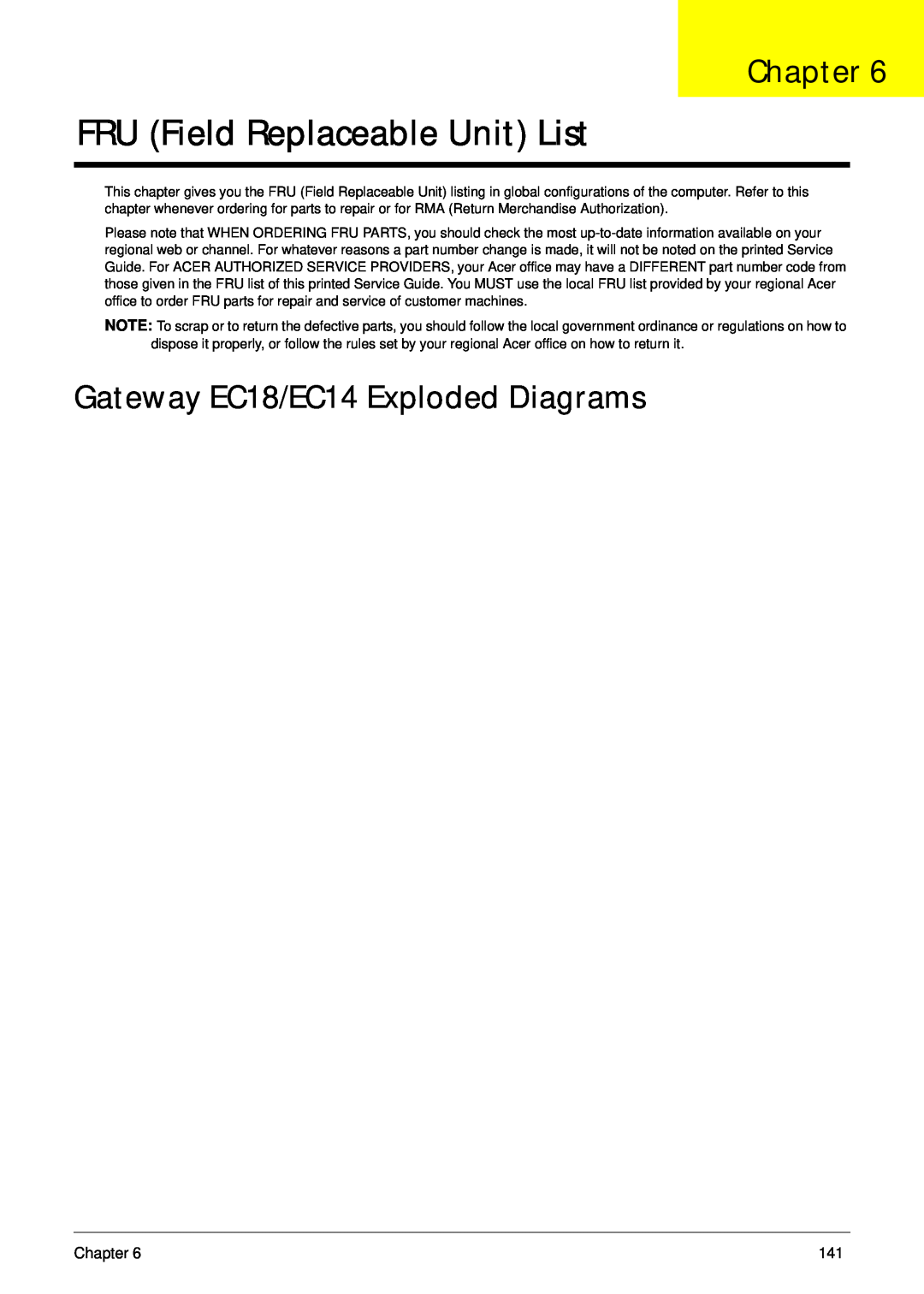 Gateway manual FRU Field Replaceable Unit List, Gateway EC18/EC14 Exploded Diagrams, Chapter 