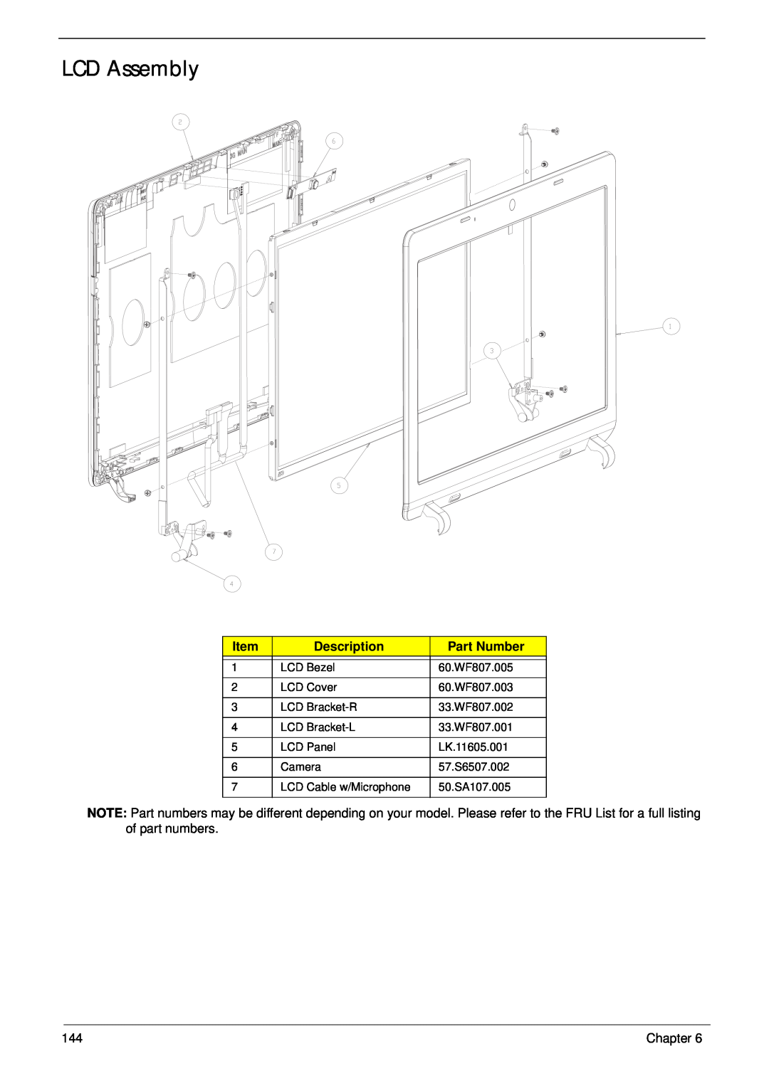 Gateway EC14 manual LCD Assembly, Description, Part Number 