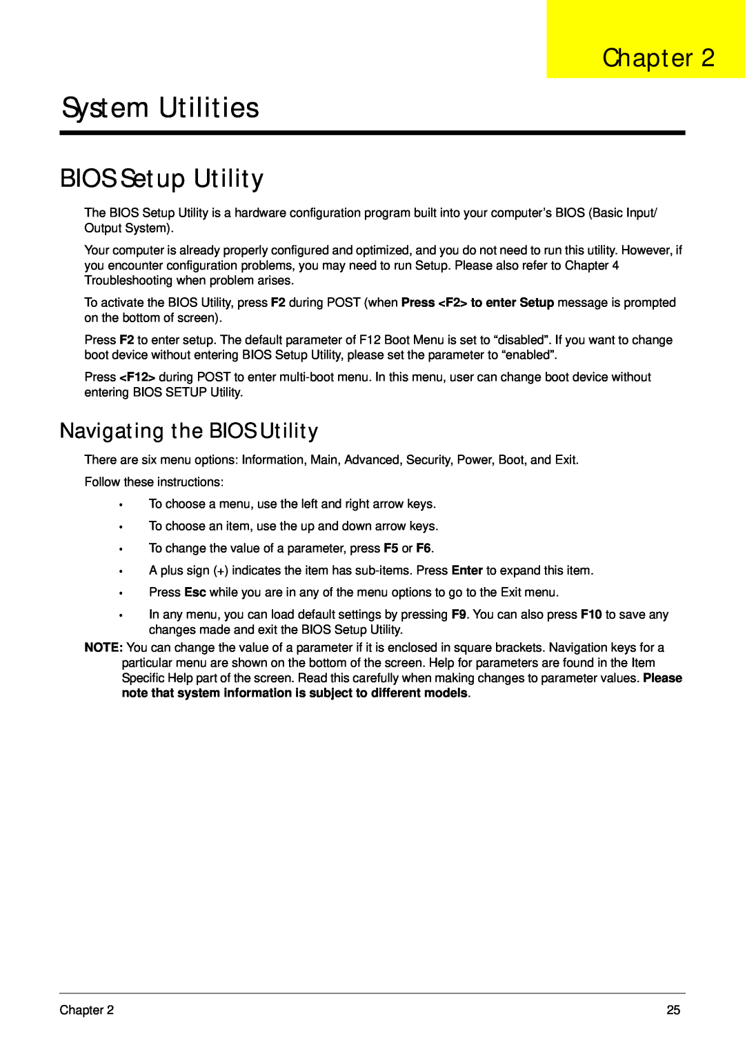 Gateway EC14 manual System Utilities, BIOS Setup Utility, Navigating the BIOS Utility, Chapter 