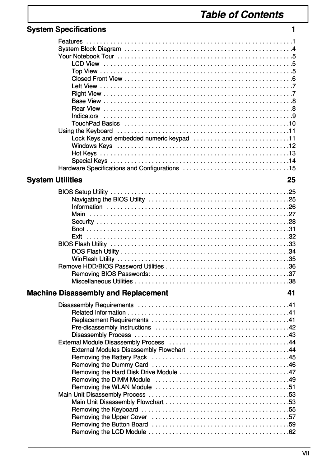 Gateway EC14 manual Table of Contents, System Specifications, System Utilities, Machine Disassembly and Replacement 