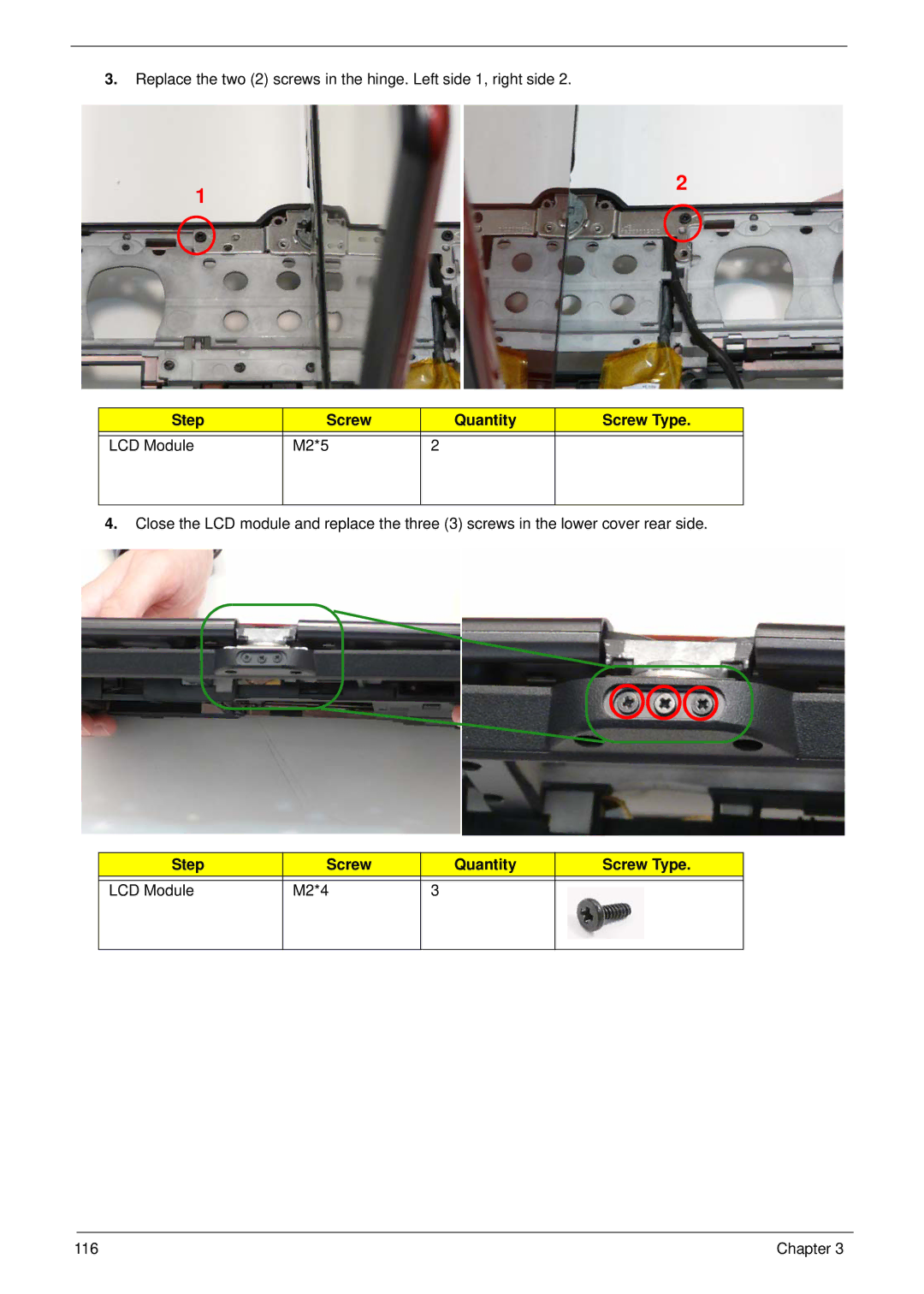 Gateway EC18T manual Step Screw Quantity Screw Type LCD Module M2*5, Step Screw Quantity Screw Type LCD Module M2*4 